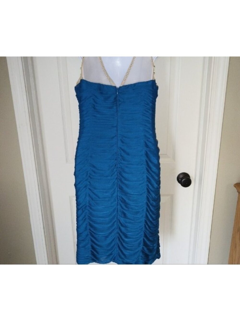 Adrianna Papell Embellished Teal Cocktail Bandage Dress w/Sheer Beaded Yoke 12 - Picture 3 of 8